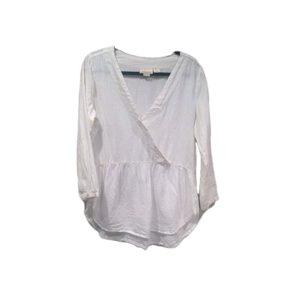 Cynthia Rowley Womens Linen V-neck LS Tunic Top Size M White Beachy Lightweight